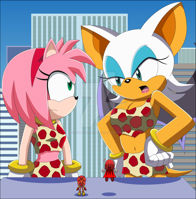 breasts drawing giantess furry tail wings city mega color crossover cleavage bra skirt buildings green_eyes giganta pink_hair gloves amy_rose sonic_the_hedgehog giantesses cosplay superman cape rouge_the_bat hands_on_hips hairband knuckles_the_echidna flash dc_comics nightcore100 bare_midriff Mega Cleavage