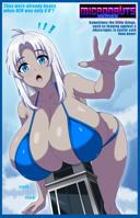 breasts drawing city color huge_breasts thighs looking_at_viewer bare_legs saffireprowler bikini giantess white_hair destruction blue_eyes cleavage buildings breast_crush ren Destruction Cleavage