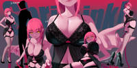 makima chainsaw_man breasts drawing panties color large_breasts butt cleavage high_heels yellow_eyes pink_hair lingerie collar fishnets shrunken_man leash thighs point_of_view braid hands_on_hips looking_at_tiny bare_legs iwillsunder Cleavage