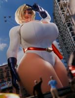 breasts giantess city mega blonde blue_eyes cleavage buildings gloves short_hair airplane jets vehicles thighs costume cape belt leotard power_girl winking thick_thighs digital_render dc_comics bare_legs jimmy144 looking_at_tinies Mega Cleavage