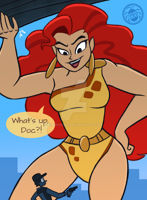 breasts drawing giantess city mega color long_hair gun buildings giganta red_hair thighs hat costume earrings belt leotard dialogue hands_on_hips looking_at_tiny dc_comics bare_legs spunkbug Mega