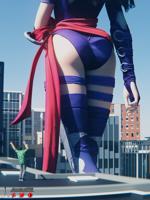 breasts giantess city black_hair long_hair butt buildings gloves asian boots costume earrings belt leotard x-men behind_view psylocke digital_render bare_legs marvel_comics jessicagts marvel_rivals