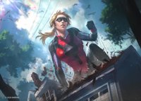 breasts drawing growth giantess mega blonde color destruction clothed buildings outgrowing_building gloves ponytail mask costume trees power_lines debris cassie_lang stature cassandra_lang marvel_comics Mega Destruction ninesicks