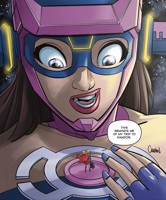breasts drawing giantess horns mega blonde space black_hair color crossover skirt purple_eyes gloves boots jacket costume cape dialogue stars helmet purple_nails looking_at_tiny dc_comics cosmic_giantess on_breasts bare_legs marvel_comics caanan_grall Mega galacta supergirl