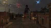 giantess clothed buildings downtown fireworks digital_render rollerblades breasts city mega bra sitting night flag sitting_on_building lamppost bare_legs flag_bra bare_midriff taintedwizard Mega