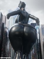 breasts giantess city mega black_hair large_breasts butt buildings mask reflection costume catsuit point_of_view belt catwoman behind_view thick_thighs digital_render dc_comics Mega kinglywill