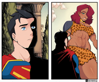 breasts drawing giantess mega comic black_hair color blue_eyes barefoot cleavage bra skirt buildings smiling giganta red_hair muscles abs dark_skin clouds costume superman point_of_view cape earrings top leopard_print looking_at_tiny dc_comics bare_legs bare_midriff my_adventures_with_superman hair_covering_eye Mega Cleavage artistzoey