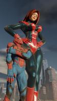 breasts giantess city mega large_breasts long_hair buildings gloves red_hair boots costume point_of_view giant_girl hands_on_hips looking_at_tiny digital_render spider-man marvel_comics peter_parker ci0 Mega mary_jane