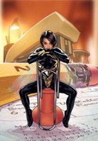 breasts drawing wings color brunette brown_eyes smiling short_hair sitting shrunken_woman pencil costume stapler earrings looking_at_viewer lamp pin janet_van_dyne coffee_mug marvel_comics the_wasp paper_clip adam_hughes
