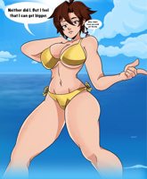 bikini breasts drawing giantess mega color large_breasts swimsuit cleavage water ocean brunette brown_eyes short_hair mask avengers clouds thighs earrings looking_at_viewer dialogue on_shoulder janet_van_dyne bare_legs spider-man marvel_comics the_wasp bare_midriff inchhighjedi Mega Cleavage