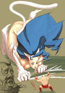 drawing giantess color blue_eyes crossover anime blue_hair unknown_artist shrunken_men street_fighter zangief cat_and_mouse darkstalkers source_needed no_background felicia_(darkstalkers)