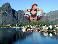 giantess collage panties clothed skirt water stockings unknown_artist squatting village looking_down mountains lake boats