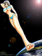 breasts drawing giantess feet earth space black_hair color swimsuit planet barefoot glasses sapphy anime amourvorer japan cosmic_giantess