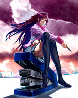 drawing anime sitting shrunken_woman bakemonogatari stapler senjougahara_hitagi