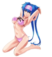 breasts drawing gentle giantess color large_breasts long_hair swimsuit anime green_eyes macross_frontier blue_hair klan_klein shrunken_men kneeling shimotsuki_eight between_breasts