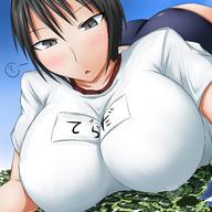 breasts drawing giantess crush giga black_hair color ochiko_terada anime huge_breasts breast_crush lying_down black_eyes