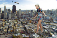 gentle giantess city blonde high_heels helicopter walking looking_down high_res