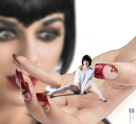 giantess black_hair finger hand shrunken_woman