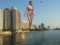giantess collage city swimsuit cleavage buildings helicopter unknown_artist waterfront
