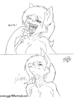 drawing vore furry anthro monochrome long_hair cleavage anime cownugget