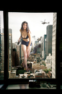 breasts giantess collage city mega destruction rampage cleavage bra high_heels helicopter brunette legs shorts skyscraper bare_midriff