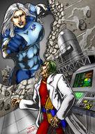 breasts drawing giantess white_hair destruction superhero scientist punch fist costume
