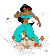 breasts drawing giantess city mega color destruction rampage anime ponytail pants dark_skin jasmine aladdin disney earrings top hairband palace bare_midriff