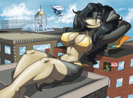 drawing giantess furry city black_hair color swimsuit helicopter doberman clouds