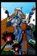 breasts drawing giantess white_hair city color anime military superhero costume