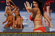breasts giantess collage giga blonde black_hair large_breasts long_hair swimsuit liquidz planet brunette goddess spaceship red_hair lingerie giantesses news in_space looking_at_viewer news_bulletin