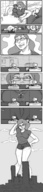 breasts drawing growth giantess manga mega monochrome glasses anime sequence outgrowing_building shorts molotav hands_on_hips looking_in