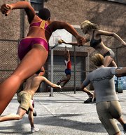 breasts giantess blonde black_hair butt tontoblackadder basketball shorts giantesses sneakers dark_skin jumping sports_bra digital_render