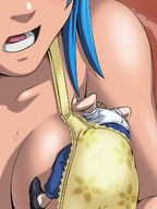 drawing giantess large_breasts clothed bra anime macross_frontier blue_hair klan_klan macross short_hair bending_over looking_down inside_clothing between_breasts