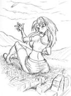 drawing giantess blushing city mega alien monochrome butt clothed skirt butt_crush anime embarrassed teen_titans starfire boots sitting top dc_comics