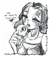 breasts drawing giantess vore monochrome cleavage anime ice_cream shrunken_men men entrapment cone flavor