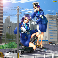 breasts drawing giantess city mega color skirt anime purple_hair omc gloves police police_uniform uniform town giantesses vehicles