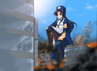drawing giantess crush city mega color destruction anime green_eyes blue_hair stockings eliza torajimaneko boots