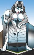 breasts drawing giantess furry tail city dog color destruction cleavage anime husky bending_over panting looking_at_viewer