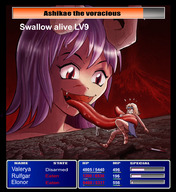 drawing karbo vore horns color tongue purple_hair red_eyes blood weapon demoness ashikae shrunken_woman