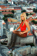 gentle giantess collage blonde high_heels butt_crush boots sitting legs beth_behrs sitting_on_building