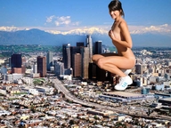 collage nude city mega brunette unknown_artist kneeling mountains highway sneakers skyscrapers looking_at_viewer