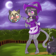 drawing giantess furry blushing tail cat city black_hair color handheld tree forest ripped_clothing sweat_drop
