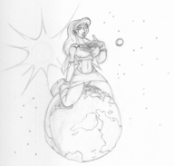drawing giantess panties earth giga upskirt monochrome large_breasts planet skirt anime moon gloves boots kneeling supergirl cape top dc_comics cosmic_giantess