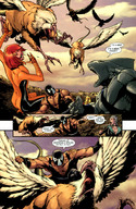 drawing giantess color fantasy anime superhero giganta red_hair amazon gryphon bane jumpsuit dialogue dc_comics killer_shark griffon