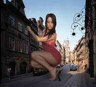 giantess collage city black_hair long_hair high_heels dress shrunken_men teasing garcia_accasbel