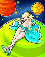 drawing giantess giga blonde space color planet cleavage sitting looking_at_viewer princess_rosalina between_breasts