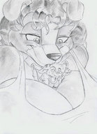 breasts drawing gentle furry dog monochrome cleavage anime smiling shrunken_men shrunken_man looking_at_tiny between_breasts