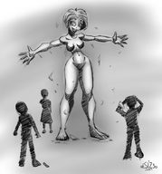 drawing giantess nude monochrome anime short_hair amazon shrunken_people resiz3d