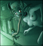 drawing giantess nude vore monochrome tongue nurse demoness long_tongue