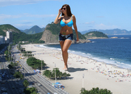 giantess swimsuit beach barefoot brunette shorts
